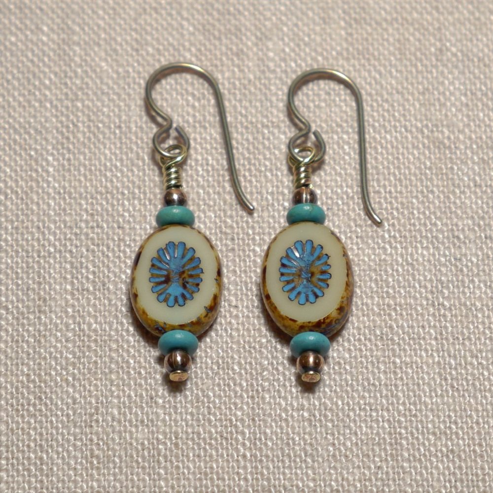 Hand Crafted Handmade Earrings Oval Cream & Blue Czech Glass Petite Earr…